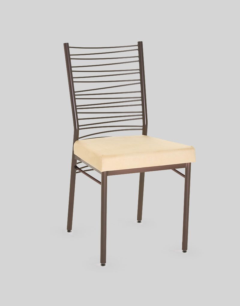 cora contemporary restaurant chair with tan upholstered seat cushion and brown metal lined pattern back cora contemporary restaurant chair with tan upholstered seat cushion and brown metal lined pattern back