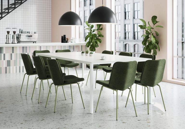 Alfred chair with green metal frame and fabric in modern cafe setting