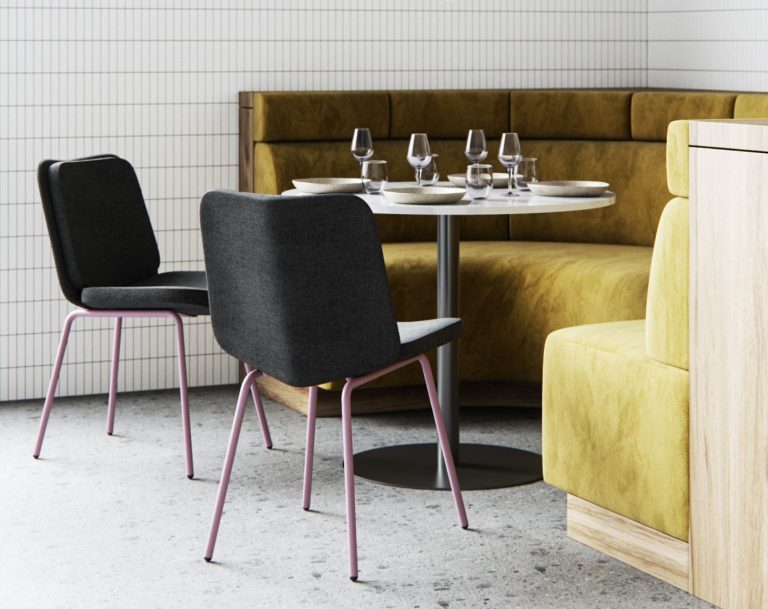 Alfred restaurant chair with customizable lilac metal legs in a restaurant setting