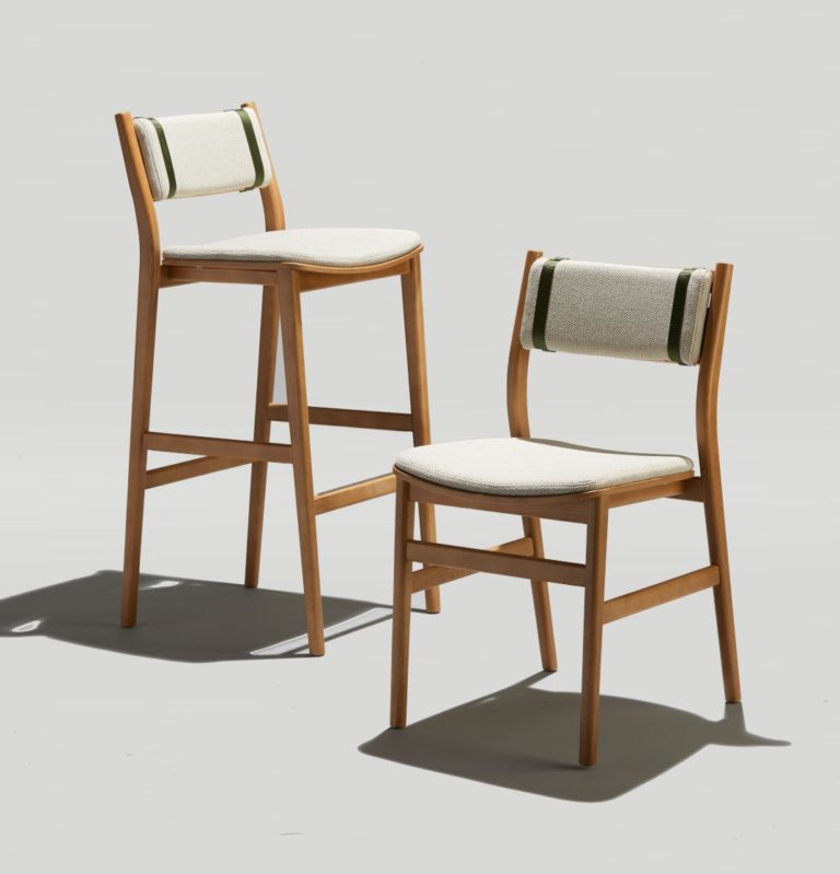 Sigsbee Buckle Chair and Sigsbee Buckle Bar Stool in matching finishes and designs.