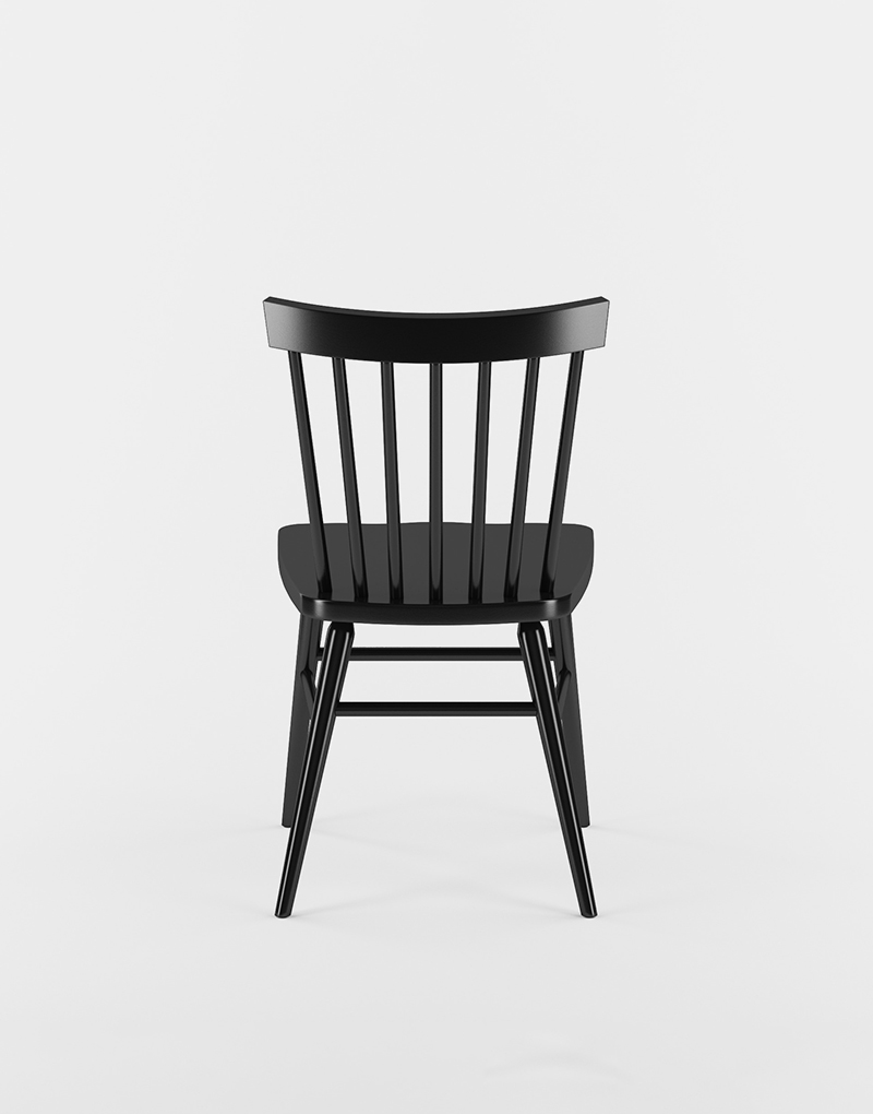 The Hugh Chair in Black Finish A wooden chair in a sleek black finish, with a simple and classic design.