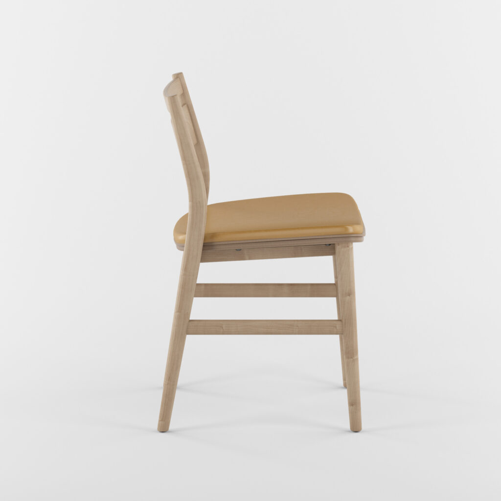 Sigsbee chair in driftwood finish with orange vinyl seat, viewed from the side