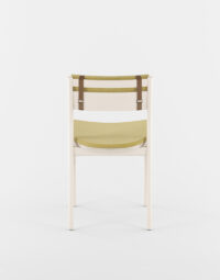 Rear view of the Sigsbee Buckle Chair in White Wash Finish with Citrus Fabric and Brown Leather Strap